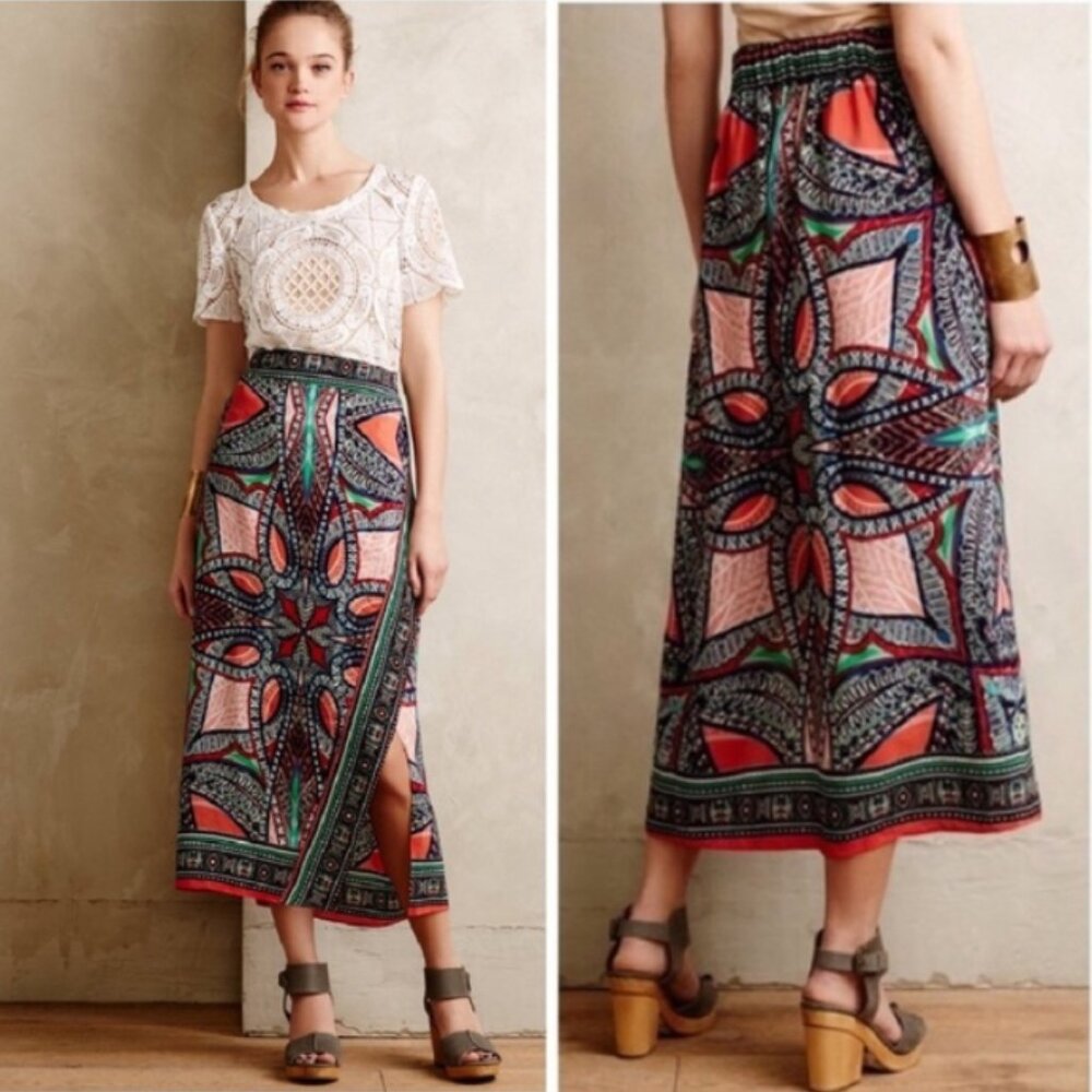 Anthropologie Maeve Geoda 100% silk faux wrap skirt 0